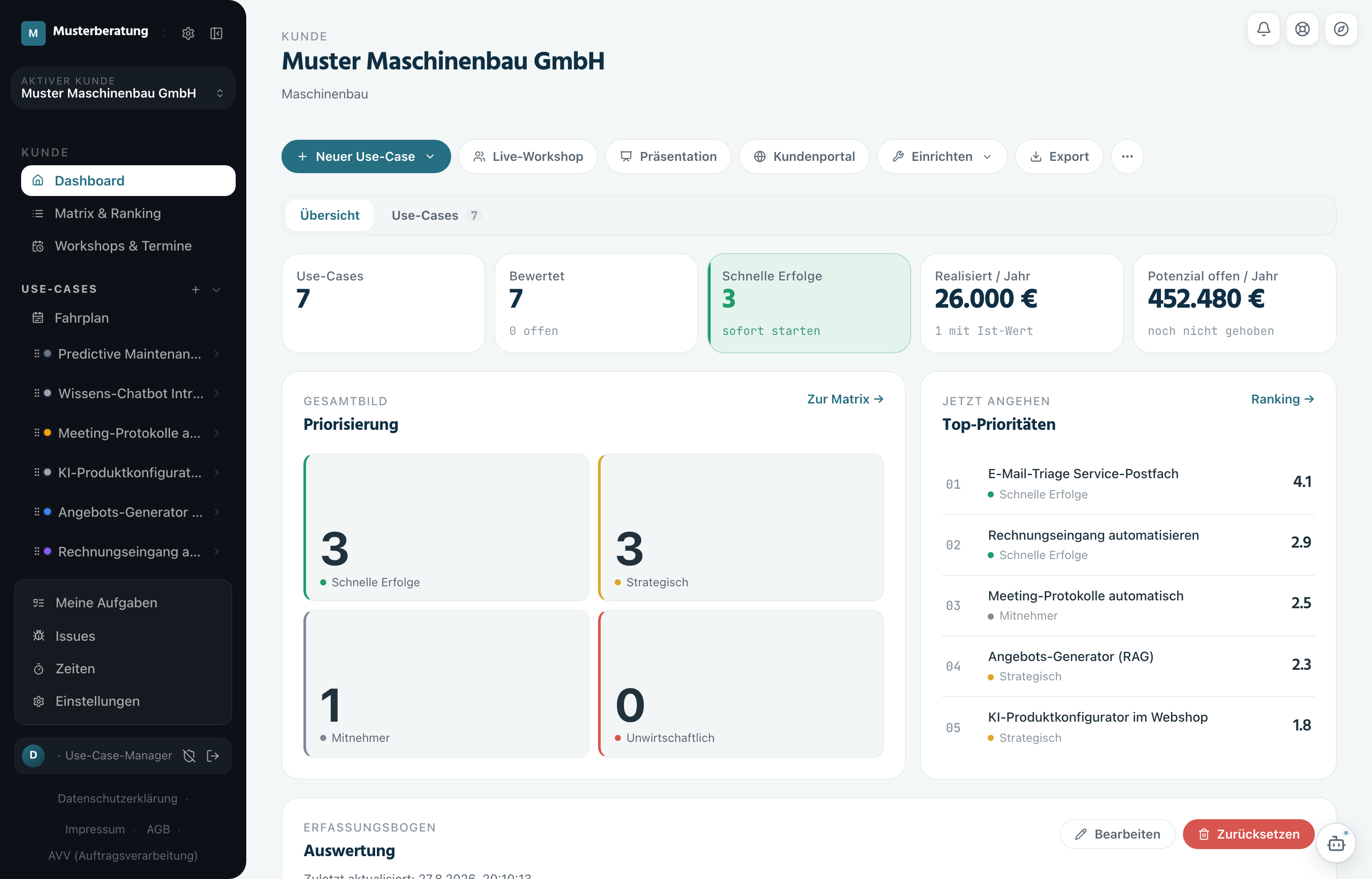 Kunden-Dashboard: Kennzahlen zu Anzahl und Bewertung der Use-Cases, schnellen Erfolgen, realisiertem Nutzen pro Jahr und offenem Potenzial, daneben die Verteilung auf die vier Quadranten und eine Liste der Top-Prioritäten.